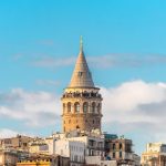 Galata Tower in Istanbul Turkey. Beautiful Istanbul landscape with blue sky.